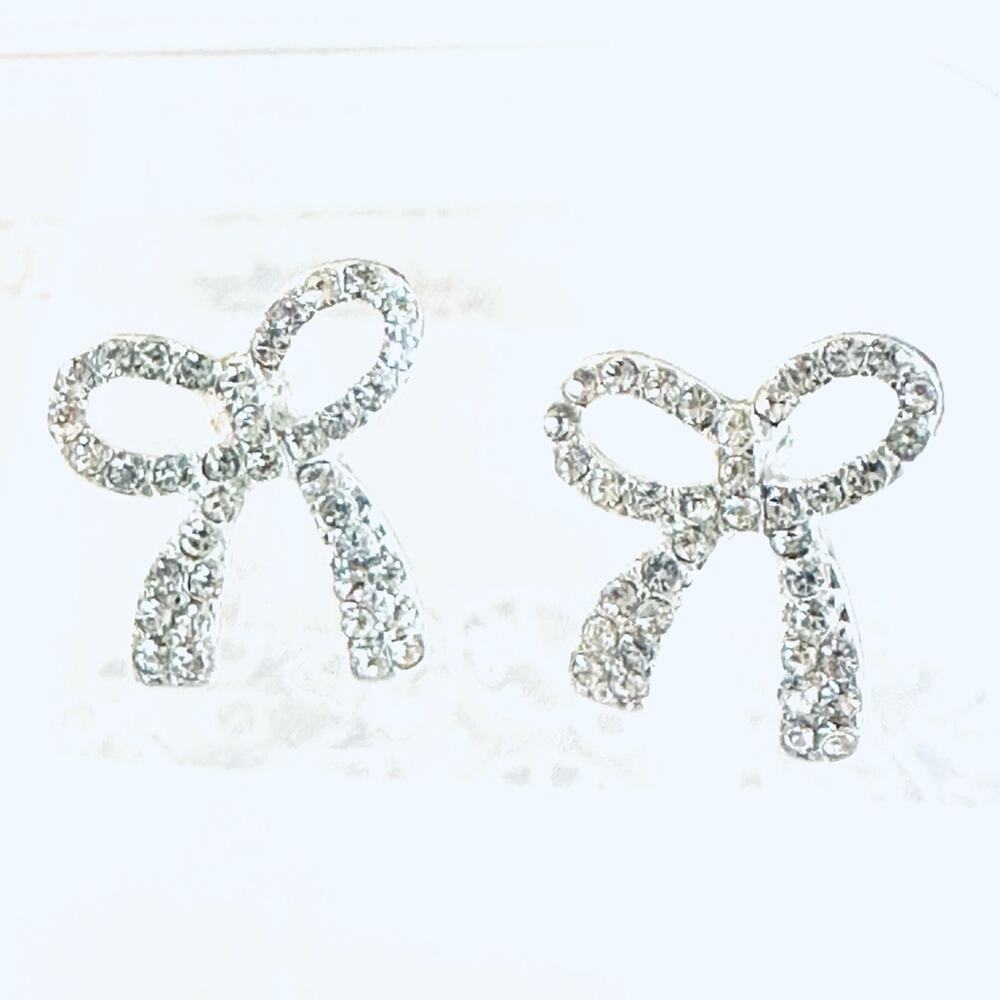 Petite Silver Rhinestone Bow Stud Earrings